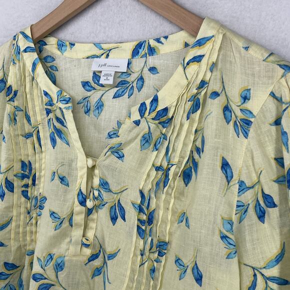 J.JILL Top PM Petite Love Linen Watercolor Printed Pintuck 3/4 Sleeve Yellow - Picture 6 of 13